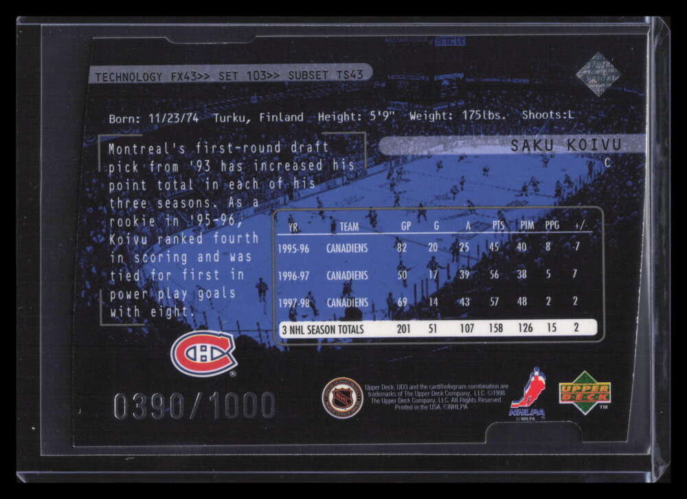 1998-99 UD3 Die-Cuts 103 Saku Koivu TSS 390/1000 Three Star Spotlight