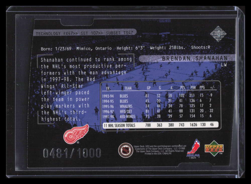 1998-99 UD3 Die-Cuts 107 Brendan Shanahan TSS 481/1000 Three Star Spotlight