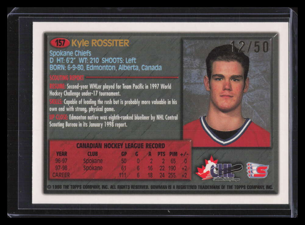 1998 Bowman CHL Golden Anniversary 157 Kyle Rossiter Rookie 12/50