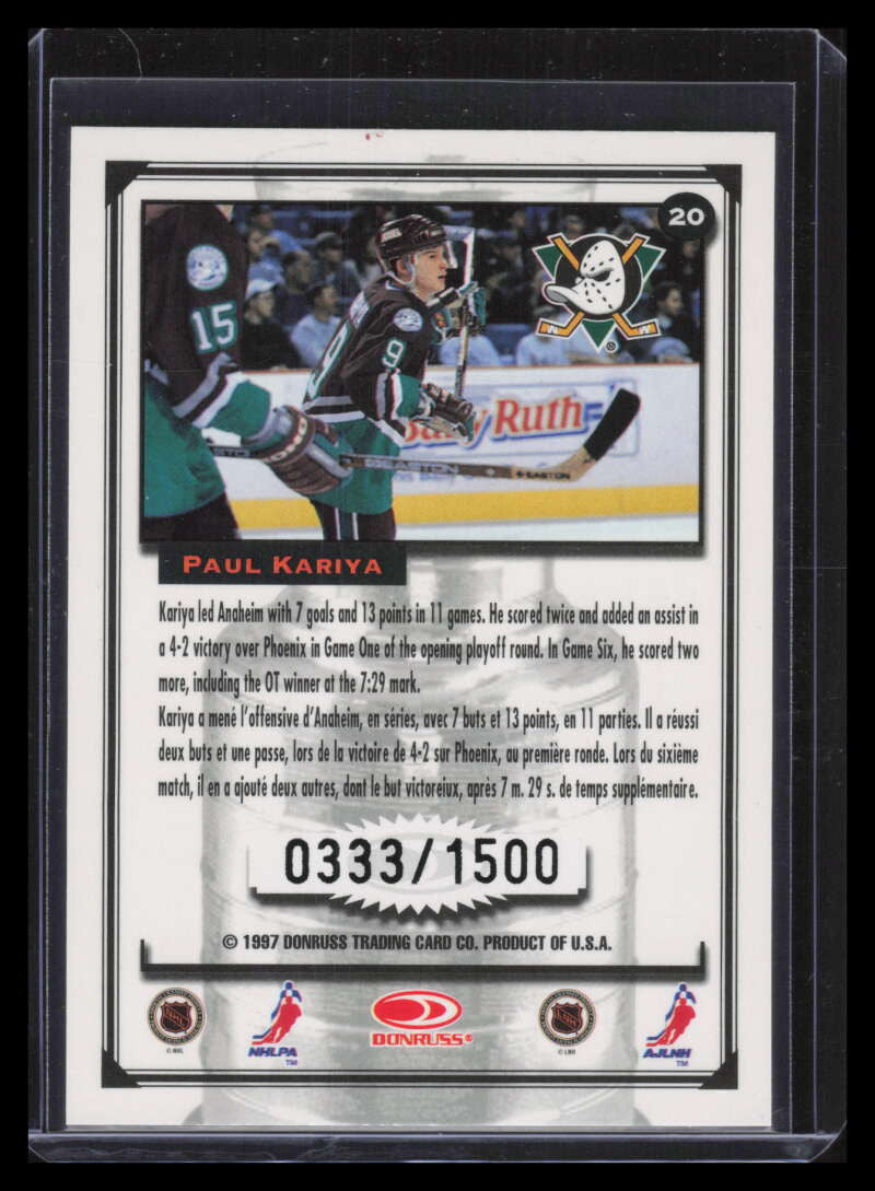 1997-98 Donruss Canadian Ice Stanley Cup Scrapbook 20 Paul Kariya CS 333/1500