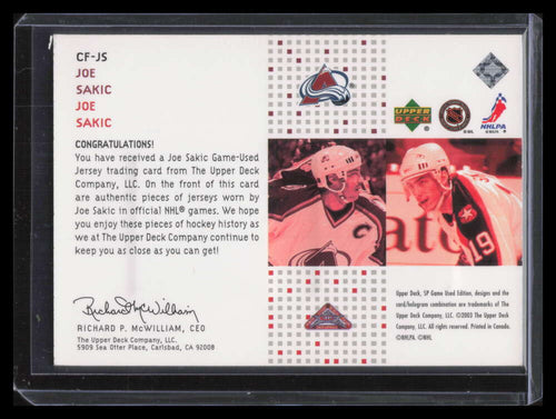 2002-03 SP Game Used Authentic Fabrics CFJS Joe Sakic Dual Jersey 48/225