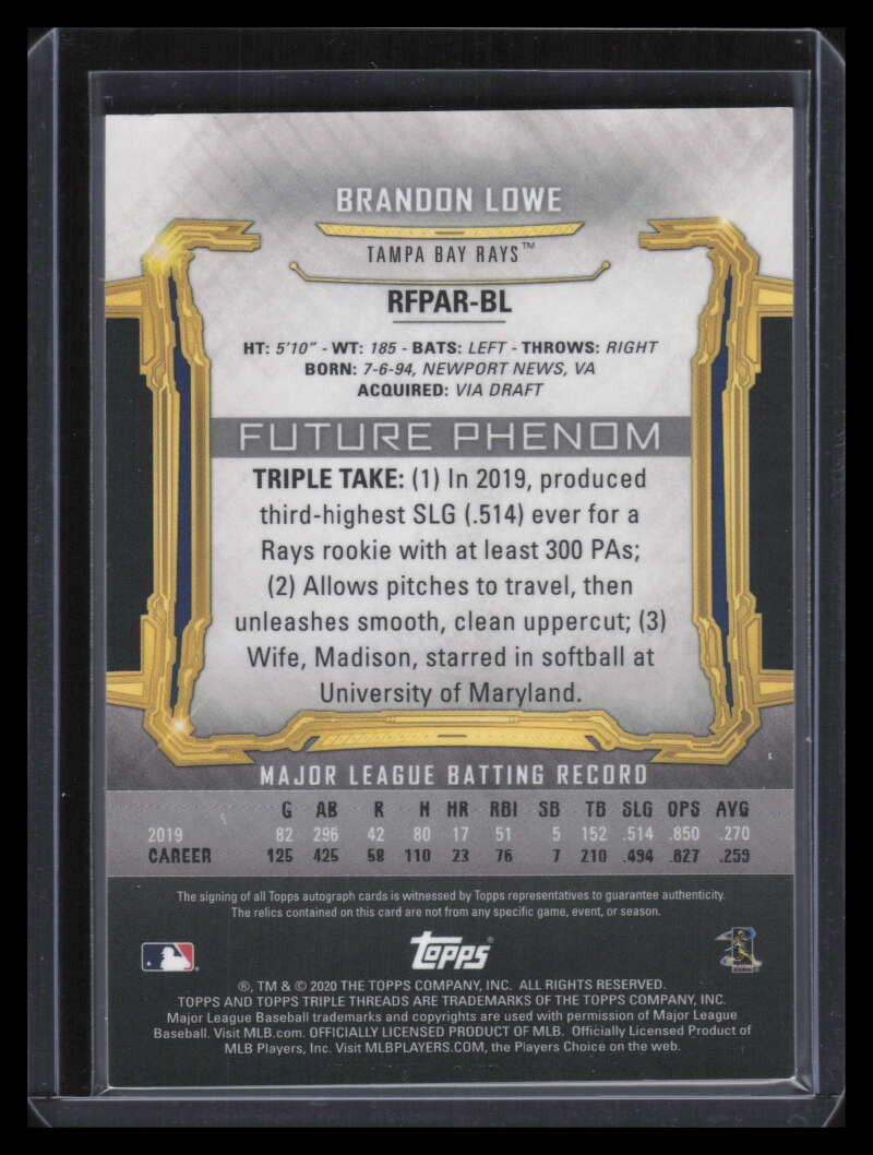2020 Topps Triple Threads Amethyst RFPARBL Brandon Lowe Jersey Auto 69/75