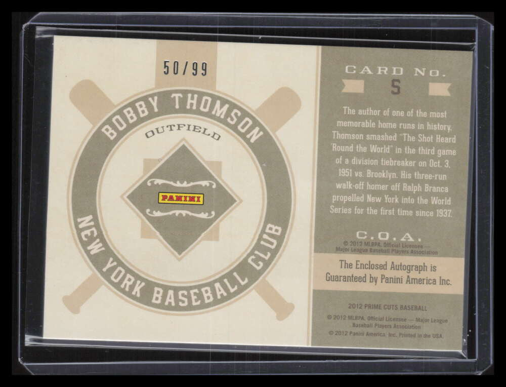 2012 Prime Cuts Souvenir Cuts 5 Bobby Thomson Cut Auto 50/99