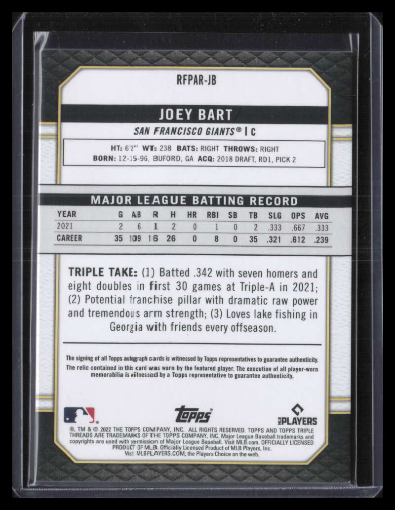 DELETE 123766 2021 Topps Triple Threads RFPARJB Joey Bart Rookie Jersey Auto 94/99