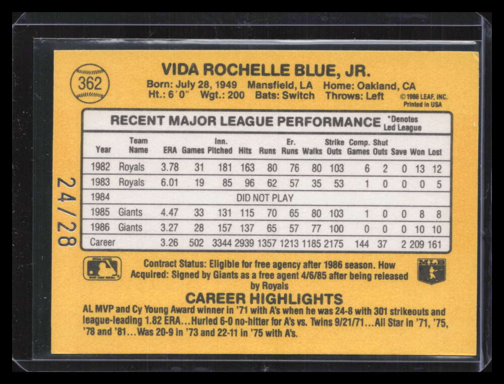 2004 Donruss Timelines Recollection Autographs 135 Vida Blue 87 Auto 24/28