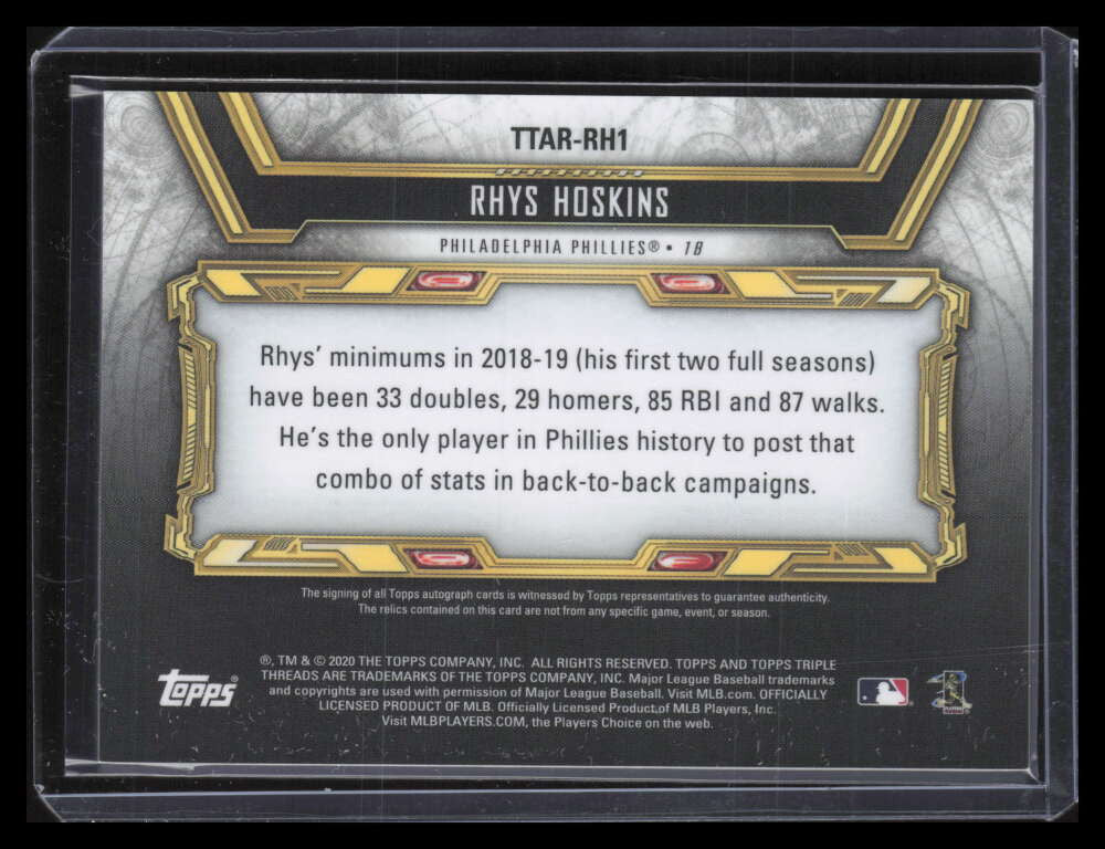 2020 Topps Triple Threads Autograph ttarrh1 Rhys Hoskins Bat Jersey Auto 11/18