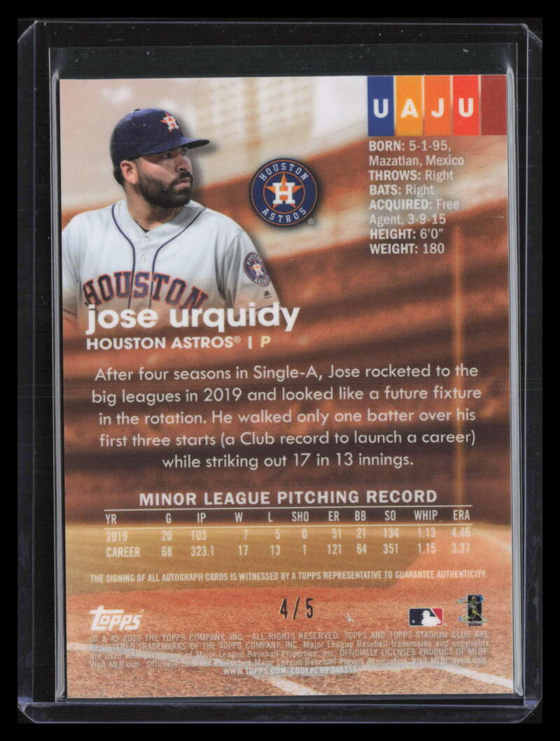 DELETE 123821 2020 Stadium Club Chrome Autographs Red Refractor Jose Urquidy Rookie Auto 4/5