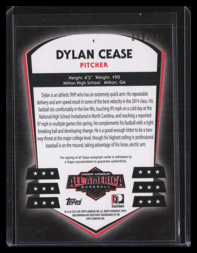 2013 Bowman Under Armour All-American Autographs Dylan Cease Rookie Auto 89/199