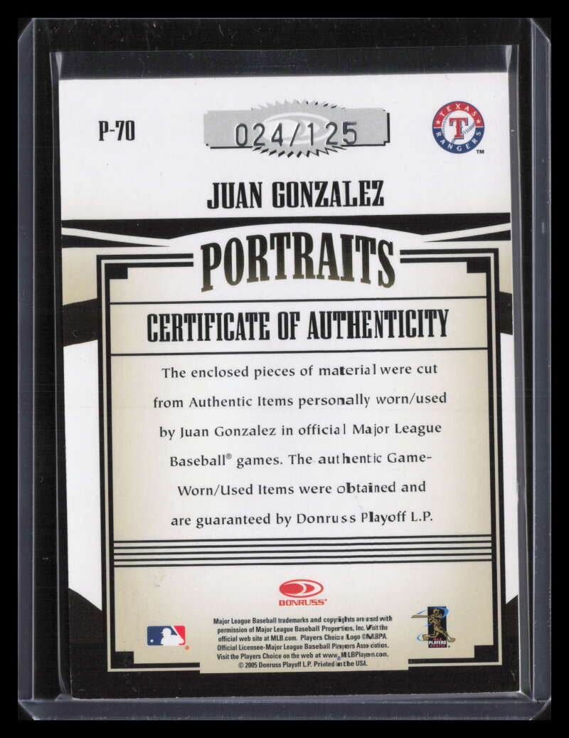 2005 Prime Patches Portraits 70 Juan Gonzalez Quad Bat Pants Hat Jersey 24/125