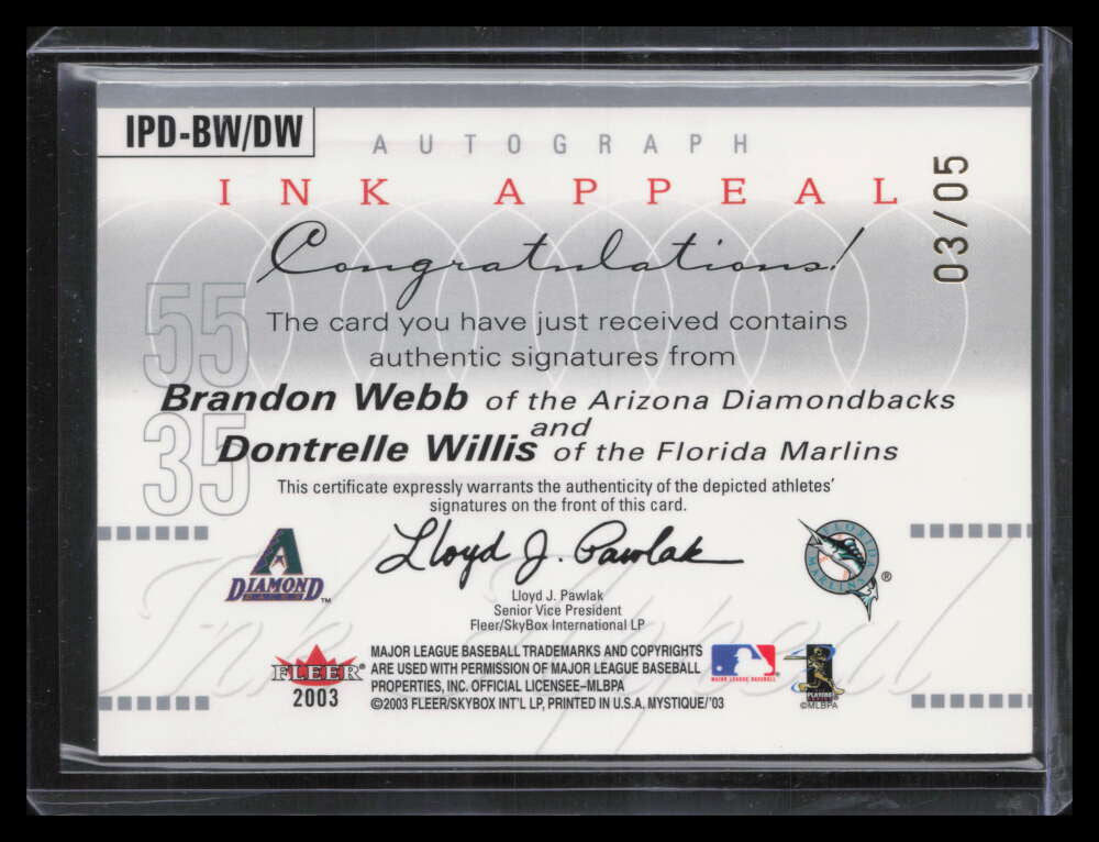 2003 Fleer Mystique Ink Appeal Gold Brandon Webb Dontrelle Willis Dual Auto 3/5