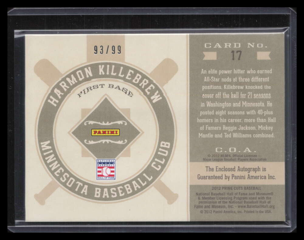 SOLD 123870 2012 Prime Cuts Souvenir Cuts 17 Harmon Killebrew Cut Auto 93/99