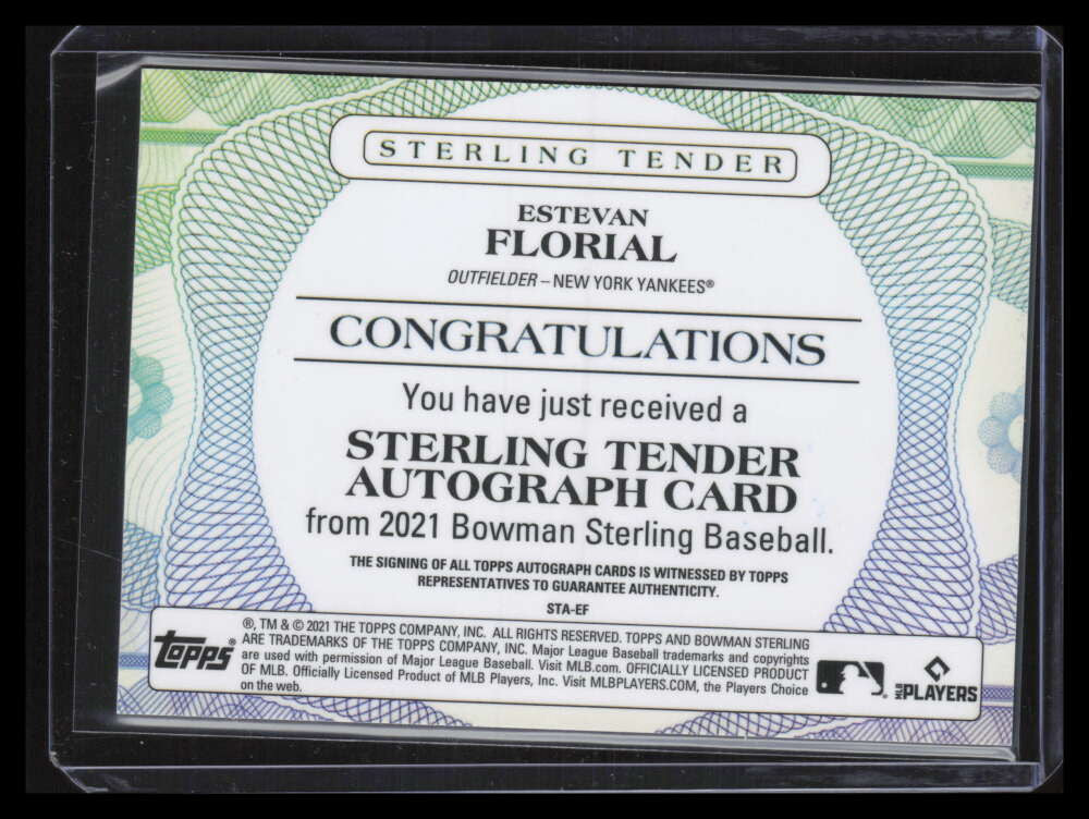 DELETE 123909 2021 Bowman Sterling Tender Black Atomic Refractor Estevan Florial RC Auto 5/10
