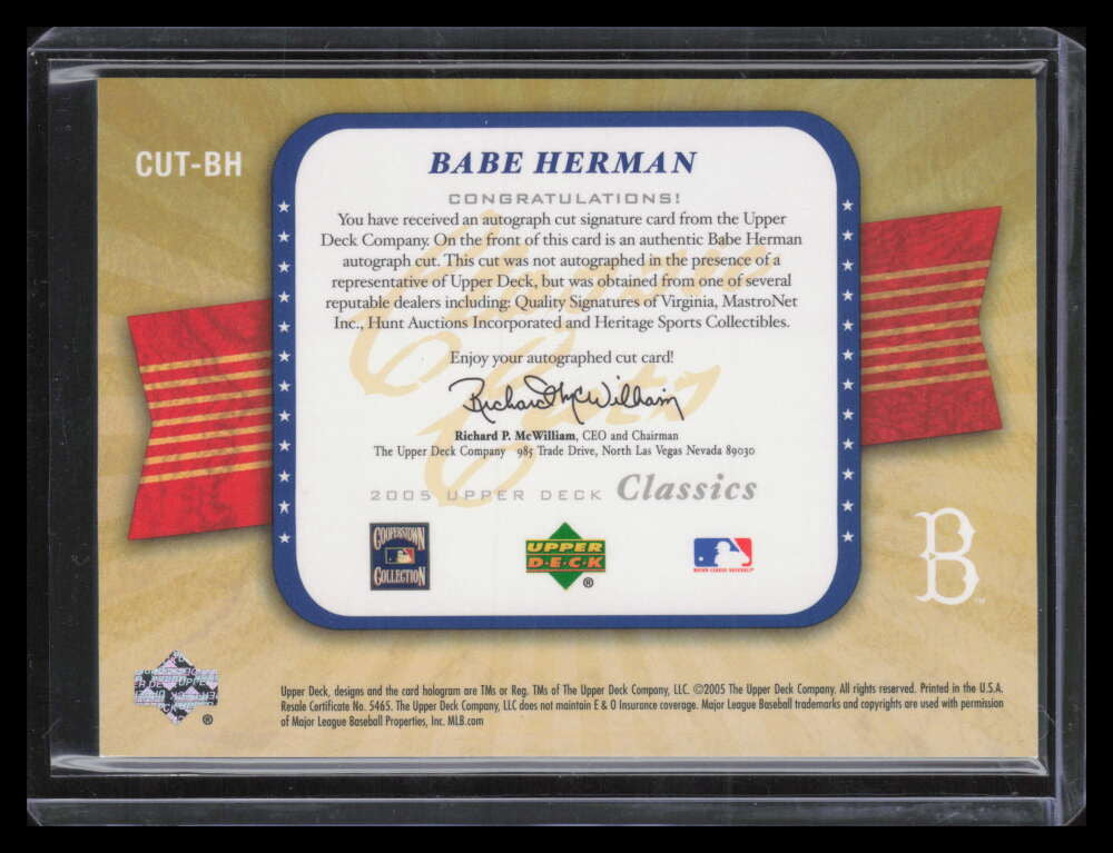 2005 Upper Deck Classics Classic Cuts BH Babe Herman Cut Auto 8/50