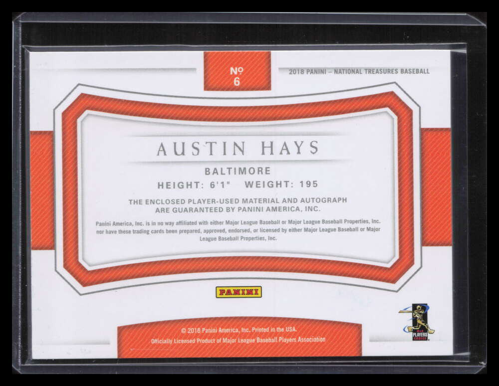 2018 National Treasures Brand 6 Austin Hays Rookie Majestic Logo Patch Auto 1/1
