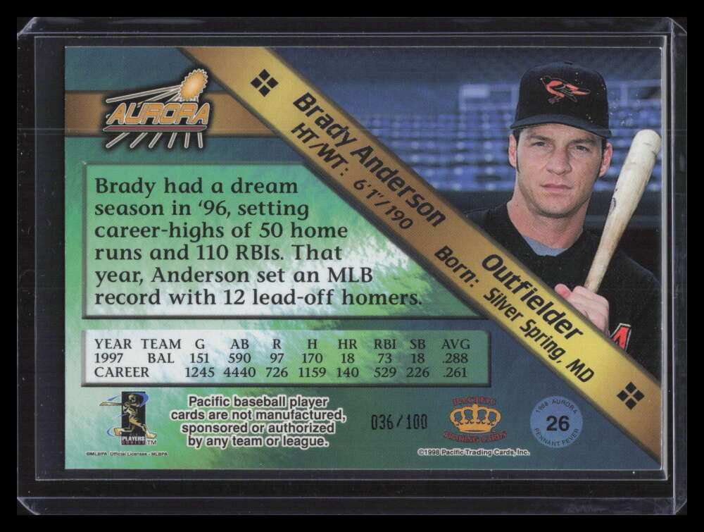 1998 Aurora Pennant Fever Platinum Blue 26 Brady Anderson 36/100