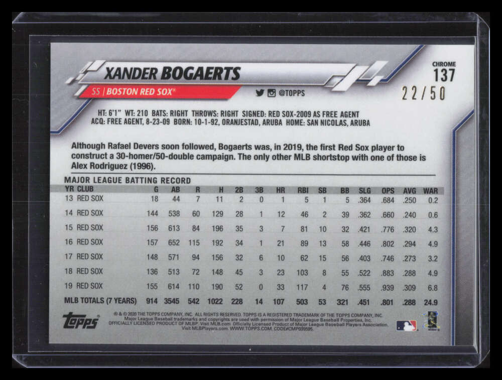 2020 Topps Chrome Gold Wave Refractor 137 Xander Bogaerts 22/50