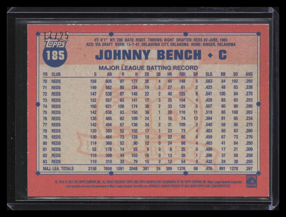 2021 Topps Archives Blue Foil 185 Johnny Bench 17/25