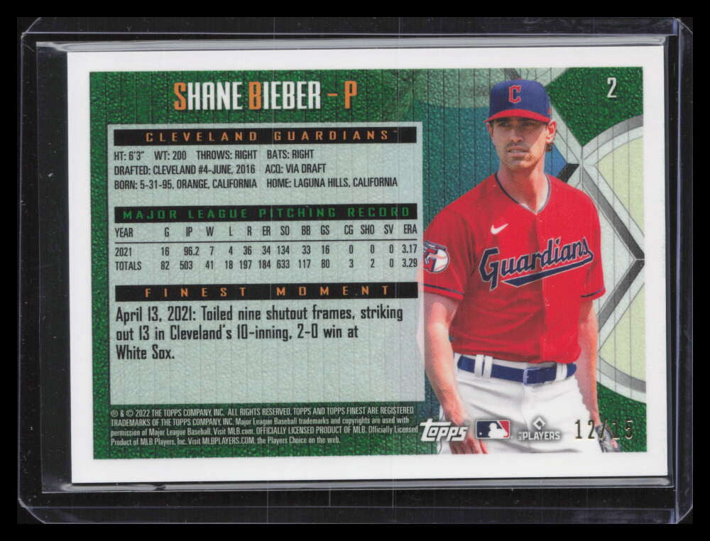 SOLD 124120 2022 Finest Flashbacks Rose Gold Refractor 2 Shane Bieber 12/15