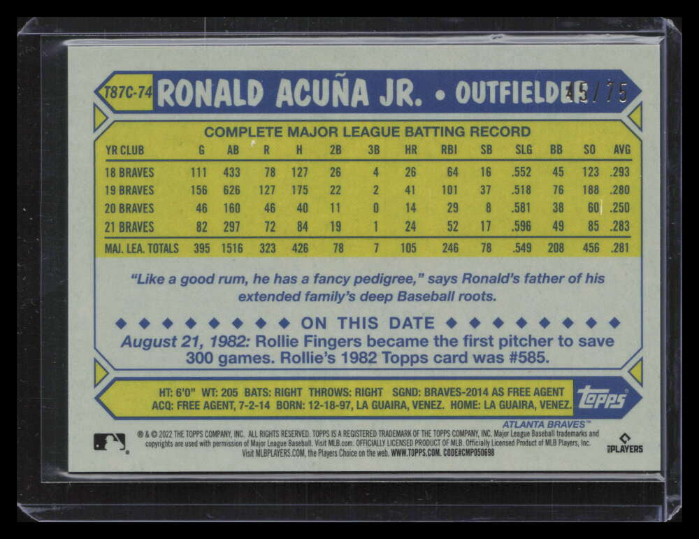 2022 Topps '87 Silver Pack Chrome Purple Refractor t87c74 Ronald Acuna Jr. 45/75