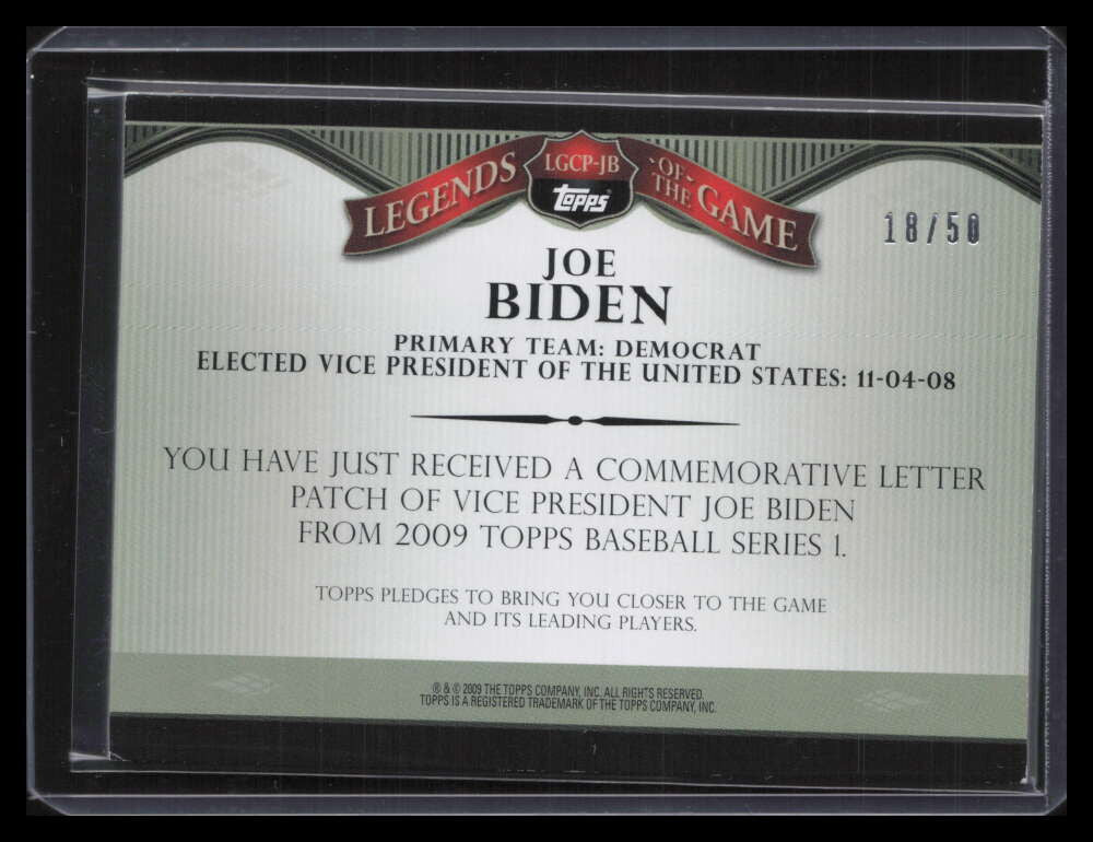 2009 Topps Legends of the Game Nickname JB Joe Biden Letter Patch 18/50