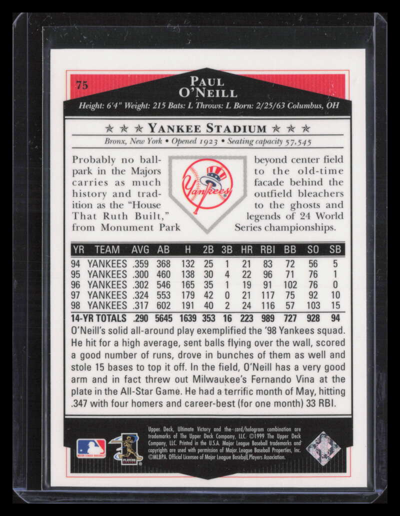 DELETE 124173 1999 Ultimate Victory Parallel 100 75 Paul O'Neill 10/100