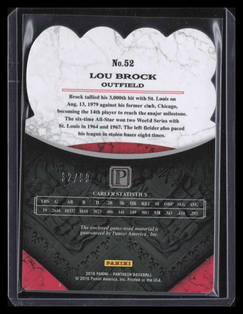 SOLD 124290 2016 Panini Pantheon 52 Lou Brock Bat 32/99 3000 Hit Club