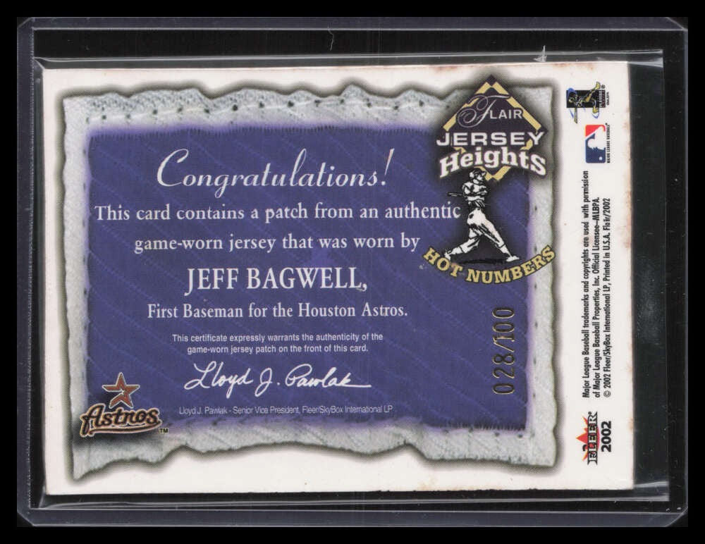 2002 Flair Jersey Heights Hot Numbers Patch 2 Jeff Bagwell Patch 28/100