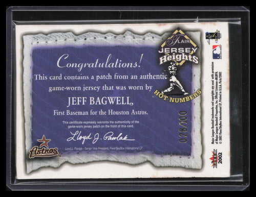 2002 Flair Jersey Heights Hot Numbers Patch 2 Jeff Bagwell Patch 28/100