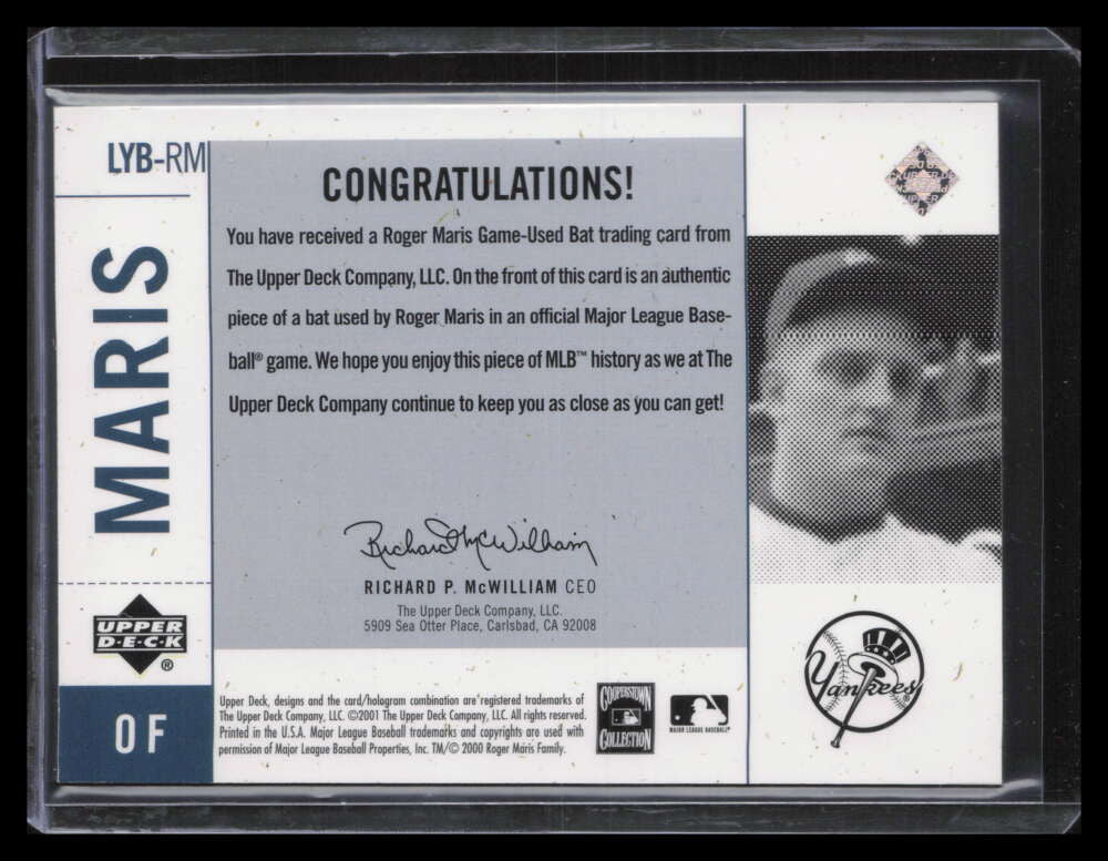 2001 Upper Deck Legends of NY Game Bat LYBRM Roger Maris Bat SP /60