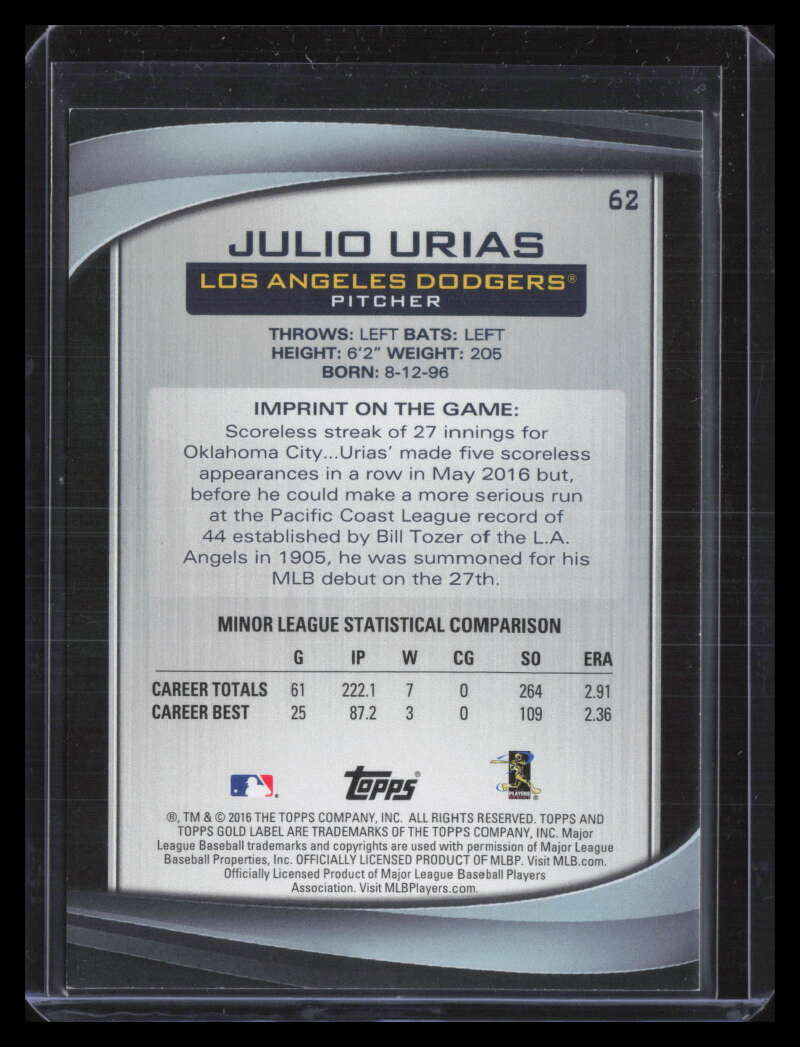 DELETE 124442 2016 Topps Gold Label Class 2 Red 62 Julio Urias Rookie 15/50