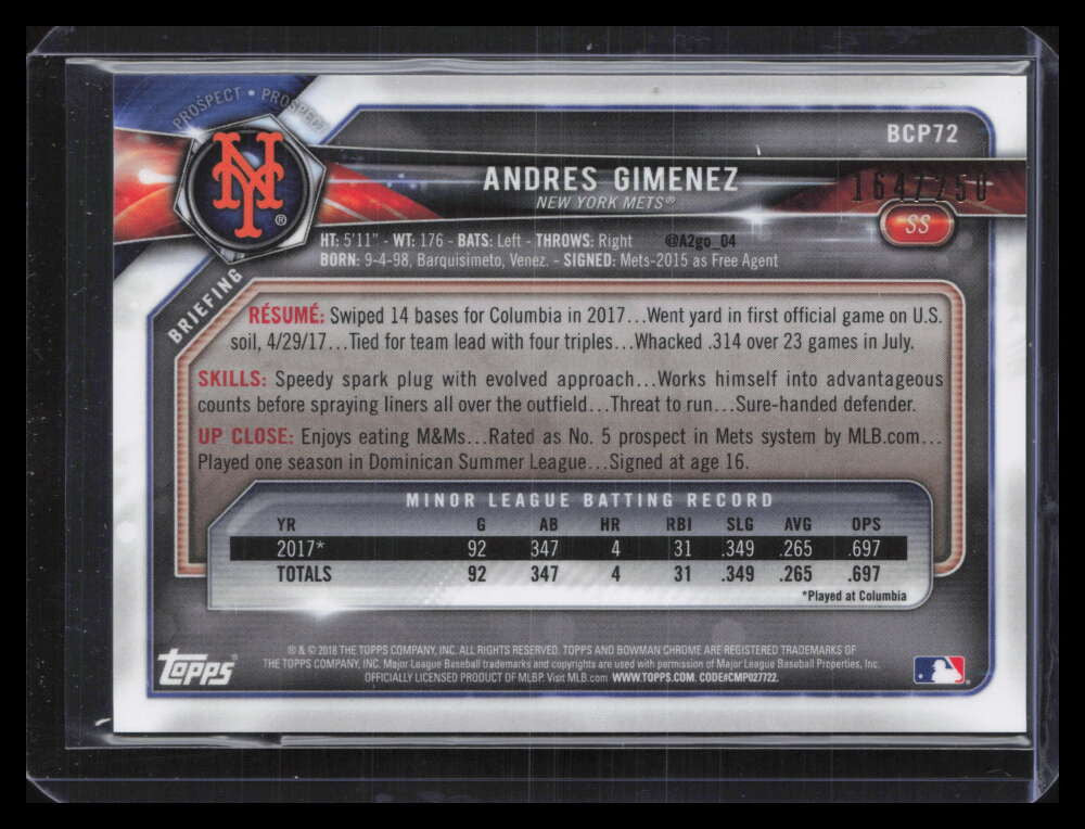 DELETE 124443 2018 Bowman Chrome Mega Box Purple Refractor bcp72 Andres Gimenez RC 164/250
