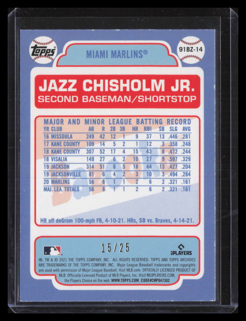 2021 Topps Archives 91 Bazooka Shining Stars Red Foil Jazz Chisholm Rookie 15/25