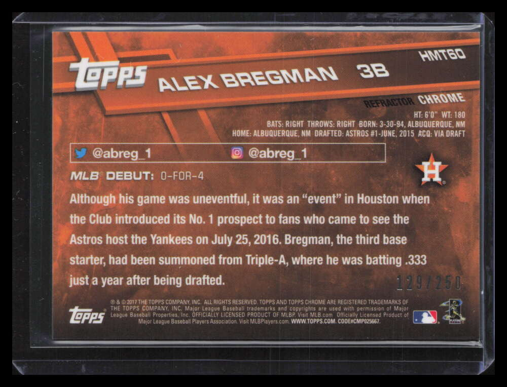 2017 Topps Chrome Update Refractor hmt60 Alex Bregman RD Rookie Debut 129/250