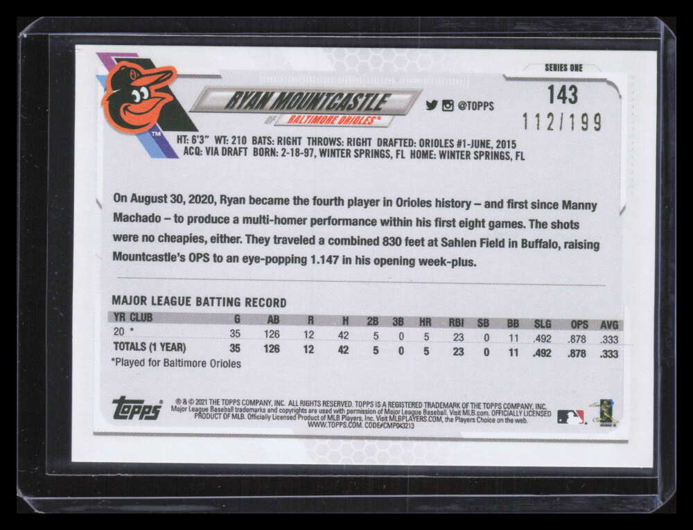 2021 Topps Red Foil 143 Ryan Mountcastle Rookie 112/199
