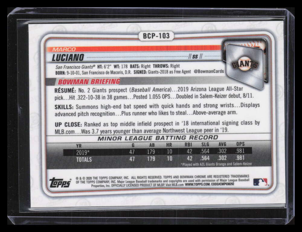 DELETE 124508 2020 Bowman Chrome Prospects Orange Shimmer Refractor Marco Luciano Rookie 12/25