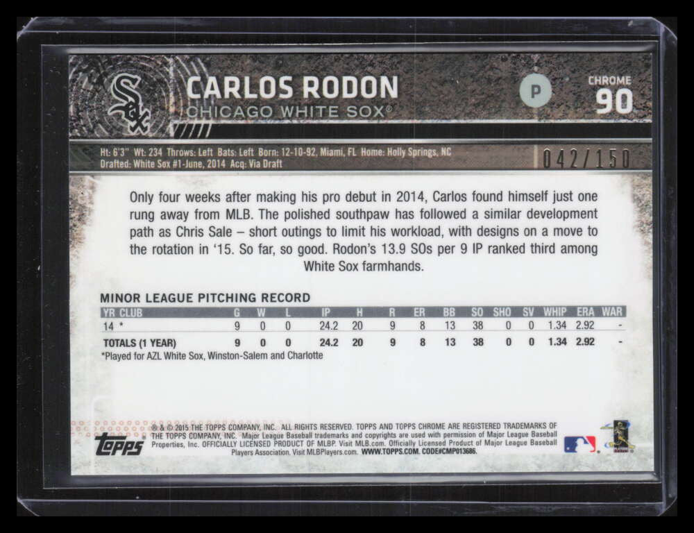 2015 Topps Chrome Blue Refractor 90 Carlos Rodon Rookie 42/150