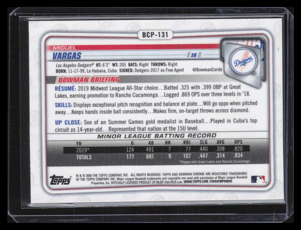 2020 Bowman Chrome Prospects Purple Refractor bcp131 Miguel Vargas Rookie 85/250
