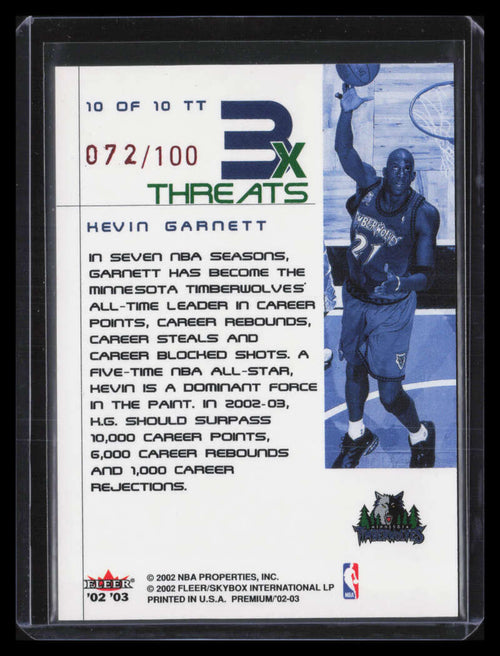 2002-03 Fleer Premium Triple Threats Ruby 10 Kevin Garnett 72/100