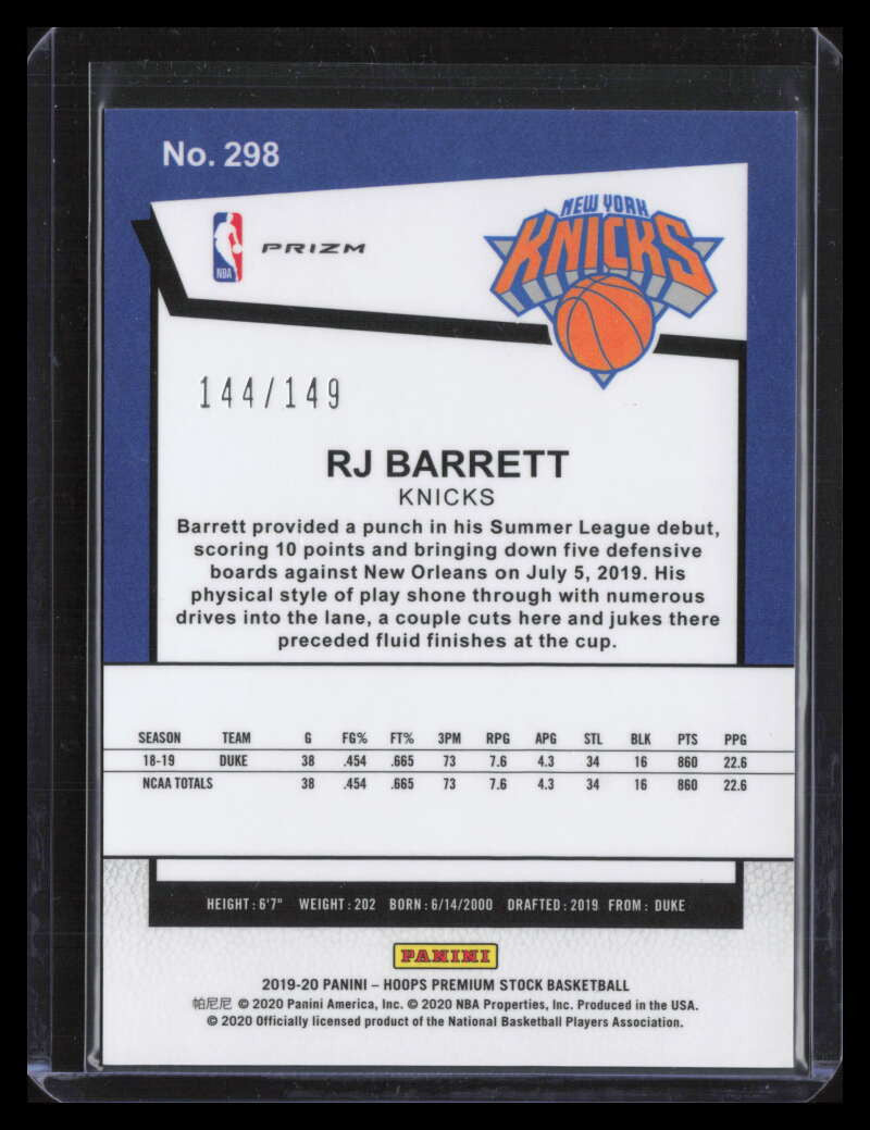 DELETE 124649 2019-20 Hoops Premium Stock Prizms Premium Set 298 RJ Barrett Rookie 144/149