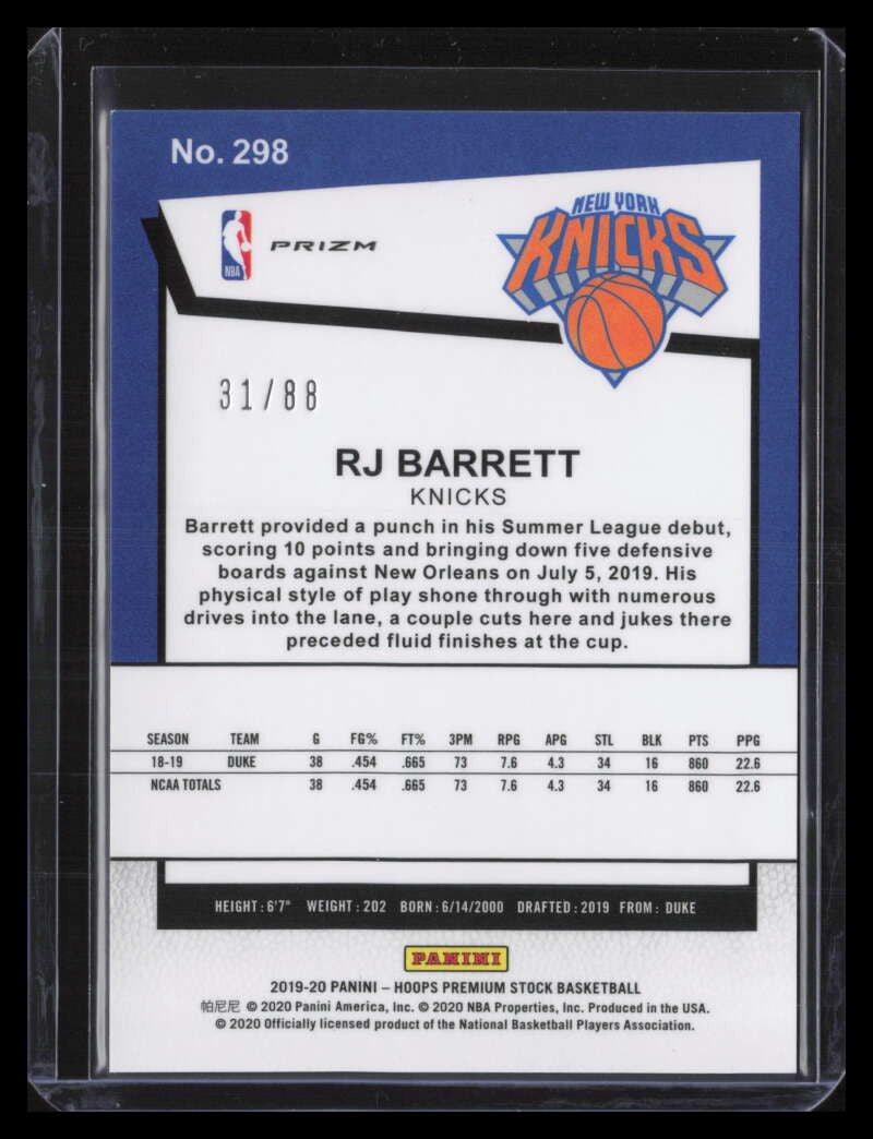 DELETE 124652 2019-20 Hoops Premium Stock Prizms Red Shimmer 298 RJ Barrett Rookie 31/88