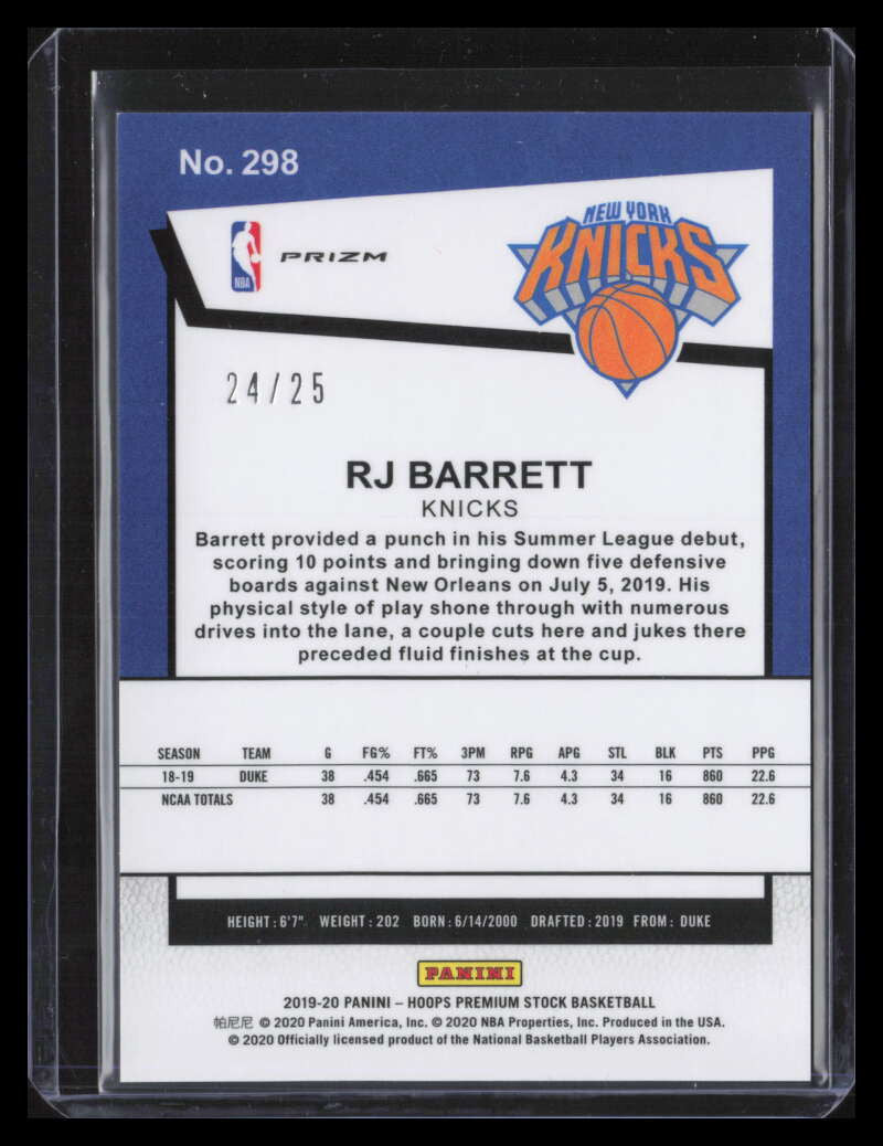 DELETE 124665 2019-20 Hoops Premium Stock Purple Cracked Ice 298 RJ Barrett Rookie 24/25