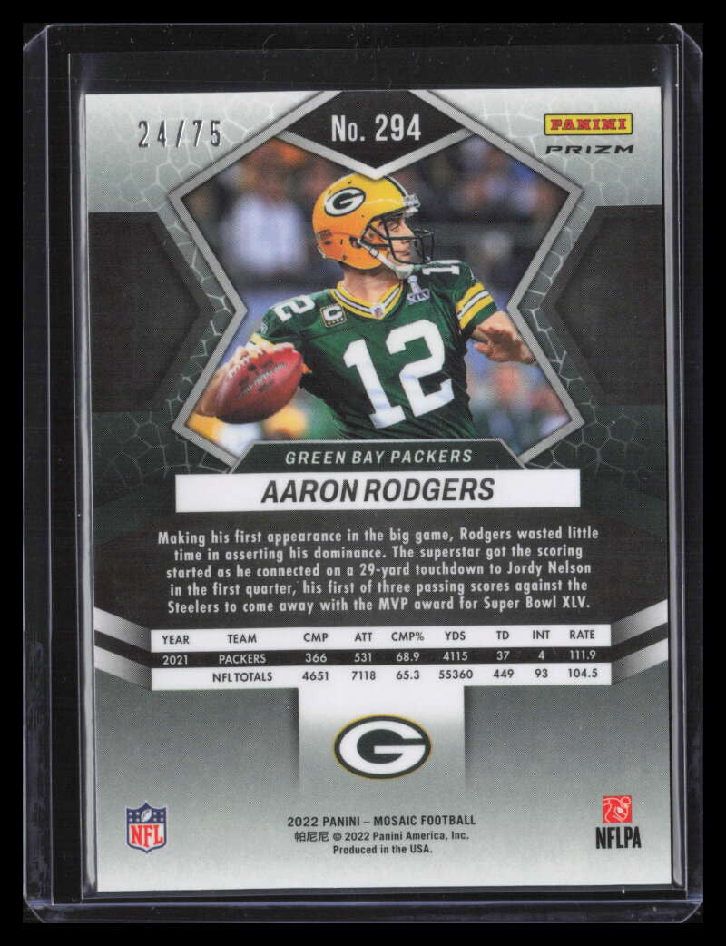 SOLD 124804 2022 Panini Mosaic Mosaic No Huddle Blue Refractor 294 Aaron Rodgers MVP 24/75