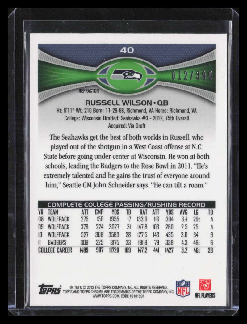 2012 Topps Chrome Pink Refractor 40 Russell Wilson Rookie 12/399