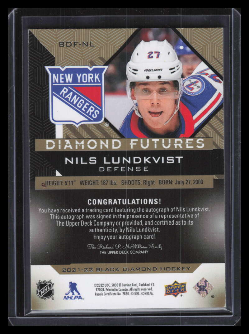 2021-22 Black Diamond Futures Autographs BDFNL Nils Lundkvist Rookie Auto 38/99