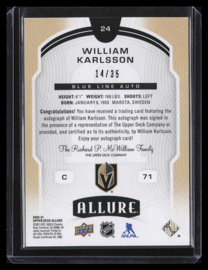 2020-21 Upper Deck Allure Autographs Blue Line 24 William Karlsson Auto 14/35