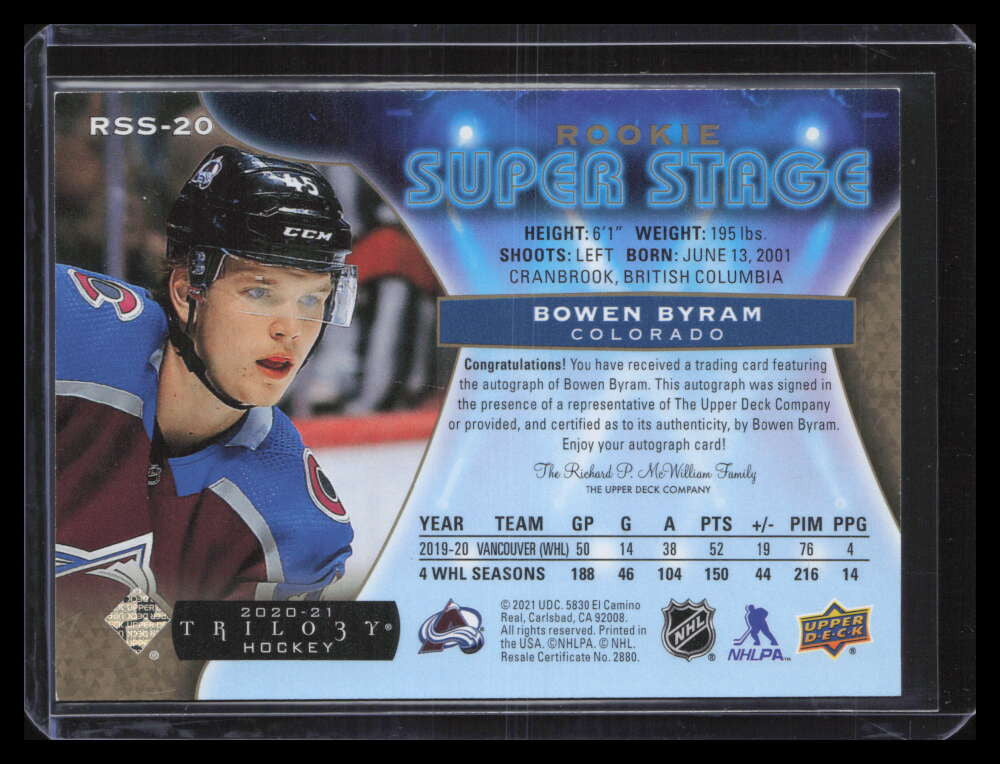 DELETE 124918 2020-21 Upper Deck Trilogy Super Stage Autographs Bowen Byram Rookie Auto 15/65