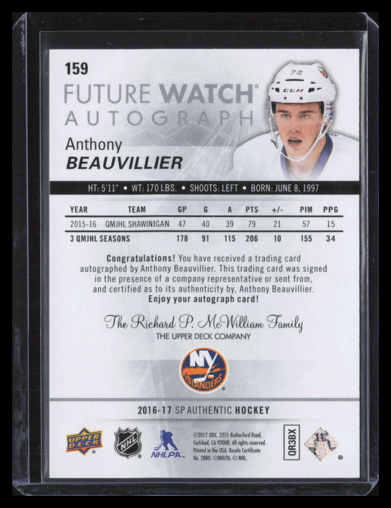 DELETE 124926 2016-17 SP Authentic 159 Anthony Beauvillier Rookie Auto 166/999 Future Watch