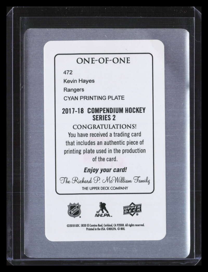 2017-18 Upper Deck Compendium Printing Plate Cyan 472 Kevin Hayes 1/1