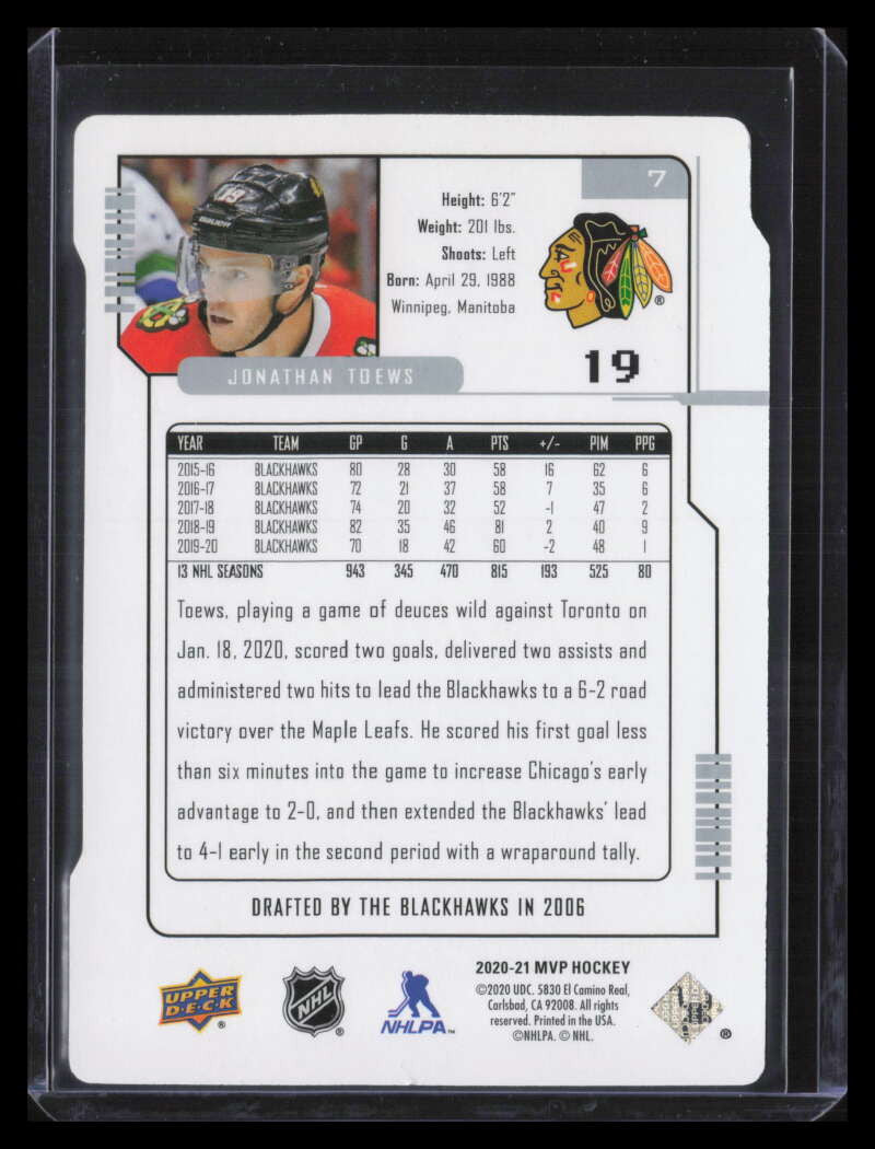 2020-21 Upper Deck MVP Colors &amp; Contours Green 7 Jonathan Toews 20/20
