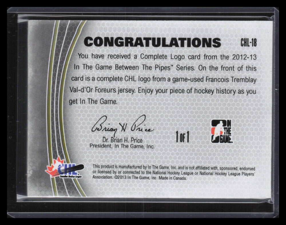 2012-13 Between the Pipes Complete chl18 Francois Tremblay CHL Logo Patch 1/1